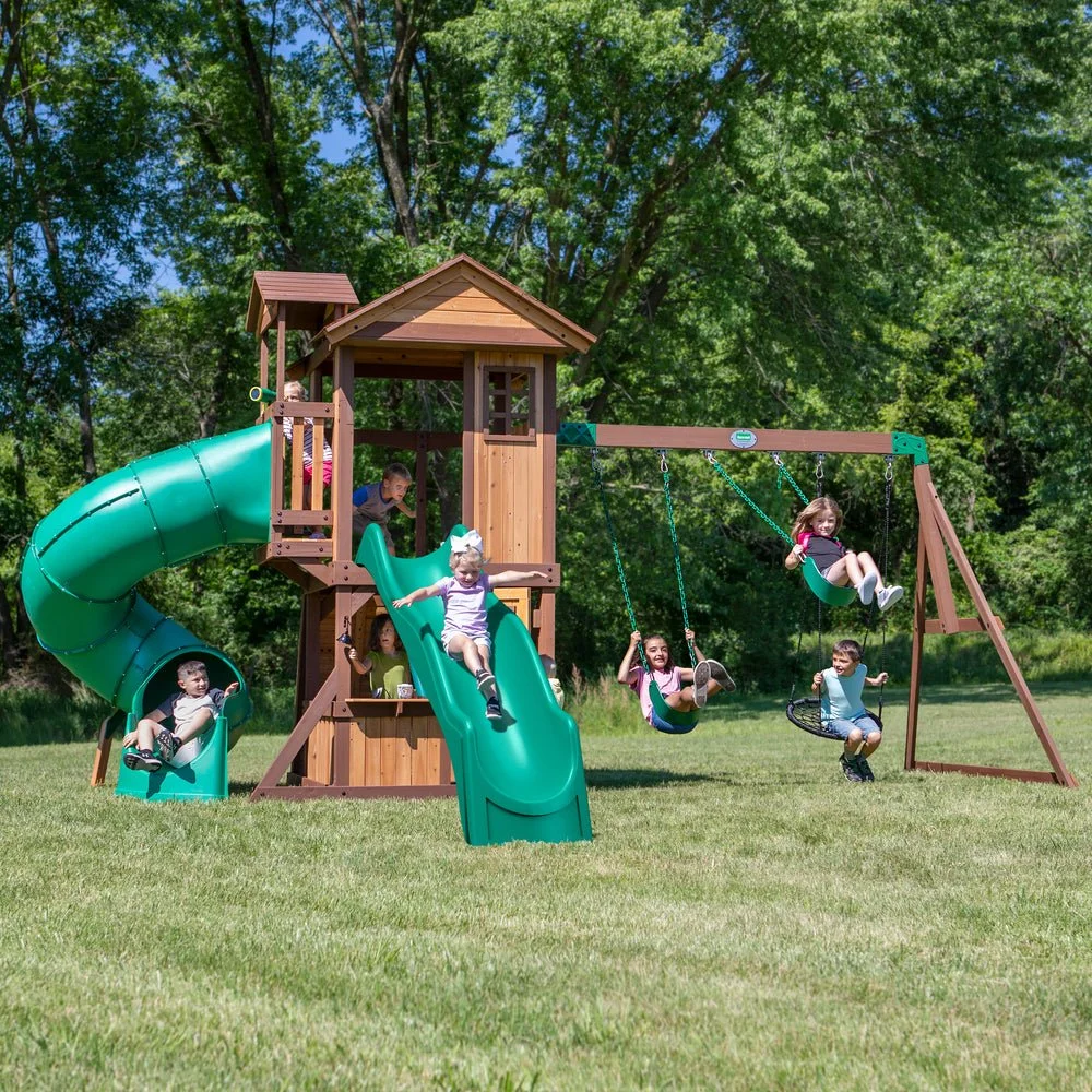 Tacoma-Falls-Wave-Slide-Main.webp Backyard Discovery Tacoma Falls Swing Set - Image 1