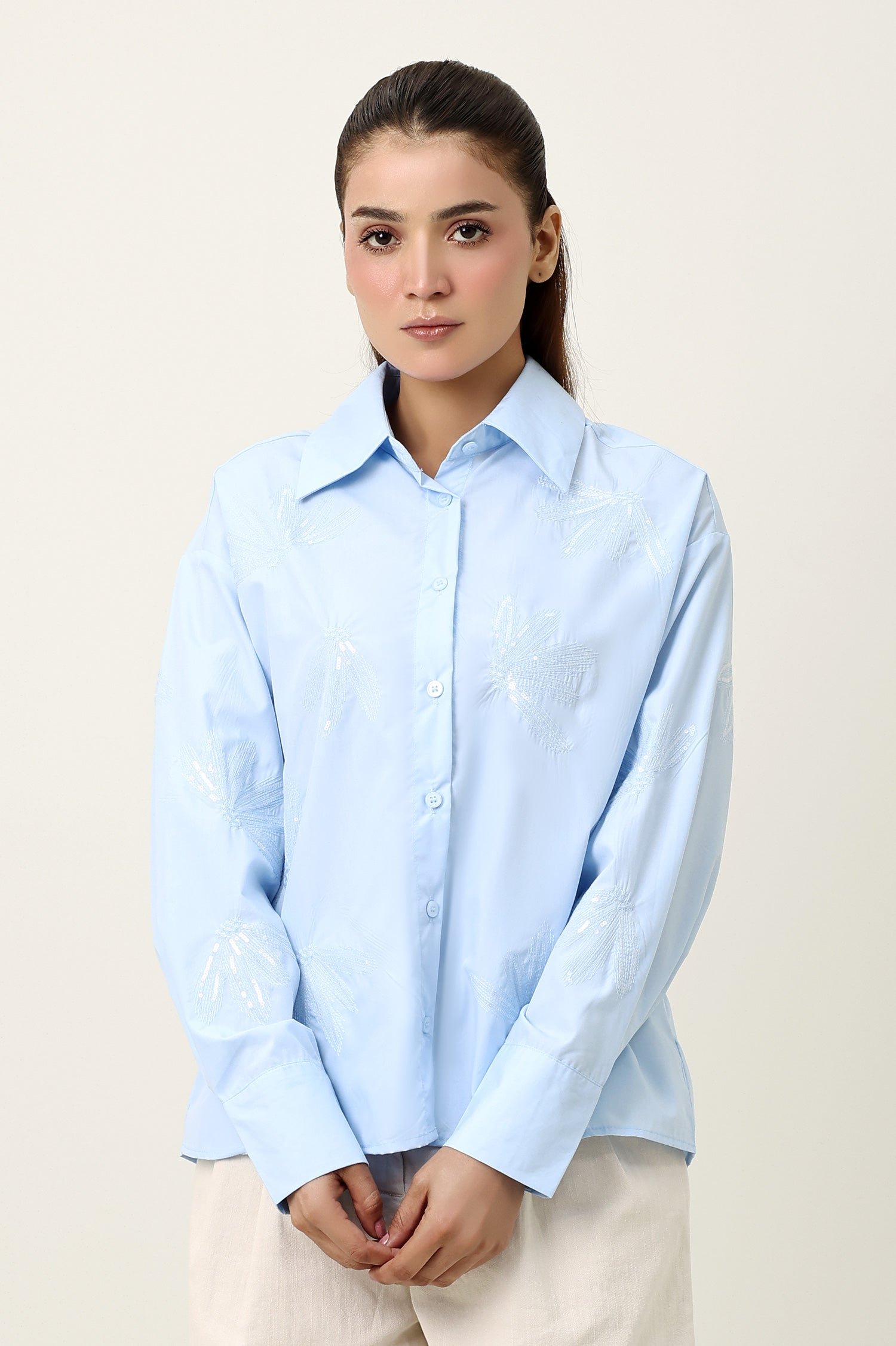 AH121_4-1 NATURE INSPIRED EMBRIODERD SHIRT-BLUE | Premium Quality Fashion Apparel - Image 1