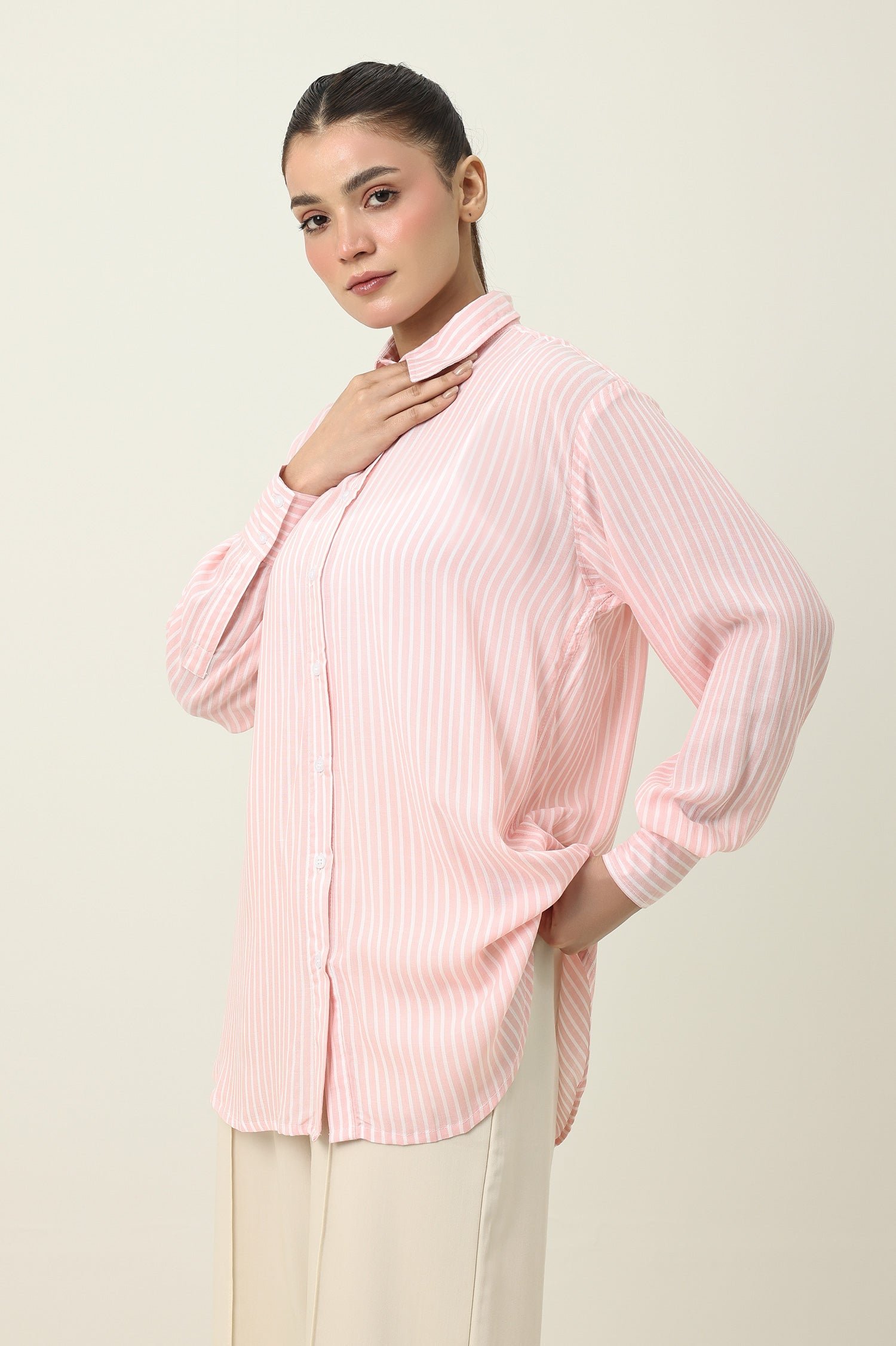 ALM-YB-03_1 STRIPE TUNIC SHIRT-PINK | Premium Quality Fashion Apparel - Image 1