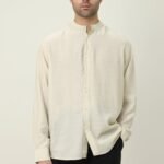 RAVELLO TEXTURED BAND COLLAR SHIRT-BEIGE | Premium Quality Fashion Apparel