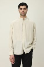 RAVELLO TEXTURED BAND COLLAR SHIRT-BEIGE | Premium Quality Fashion Apparel