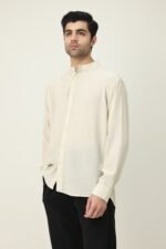 RAVELLO TEXTURED BAND COLLAR SHIRT-BEIGE | Premium Quality Fashion Apparel - Image 4