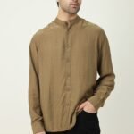 RAVELLO TEXTURED BAND COLLAR SHIRT-BROWN | Premium Quality Fashion Apparel