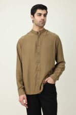 RAVELLO TEXTURED BAND COLLAR SHIRT-BROWN | Premium Quality Fashion Apparel