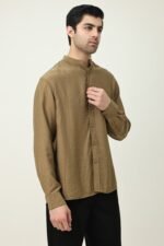 RAVELLO TEXTURED BAND COLLAR SHIRT-BROWN | Premium Quality Fashion Apparel - Image 4