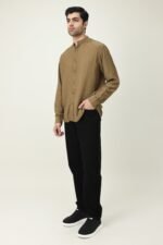 RAVELLO TEXTURED BAND COLLAR SHIRT-BROWN | Premium Quality Fashion Apparel - Image 3