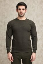 LIGHT GREY WAFFLE-KNIT CREW SWEATSHIRT-OLIVE | Premium Quality Fashion Apparel